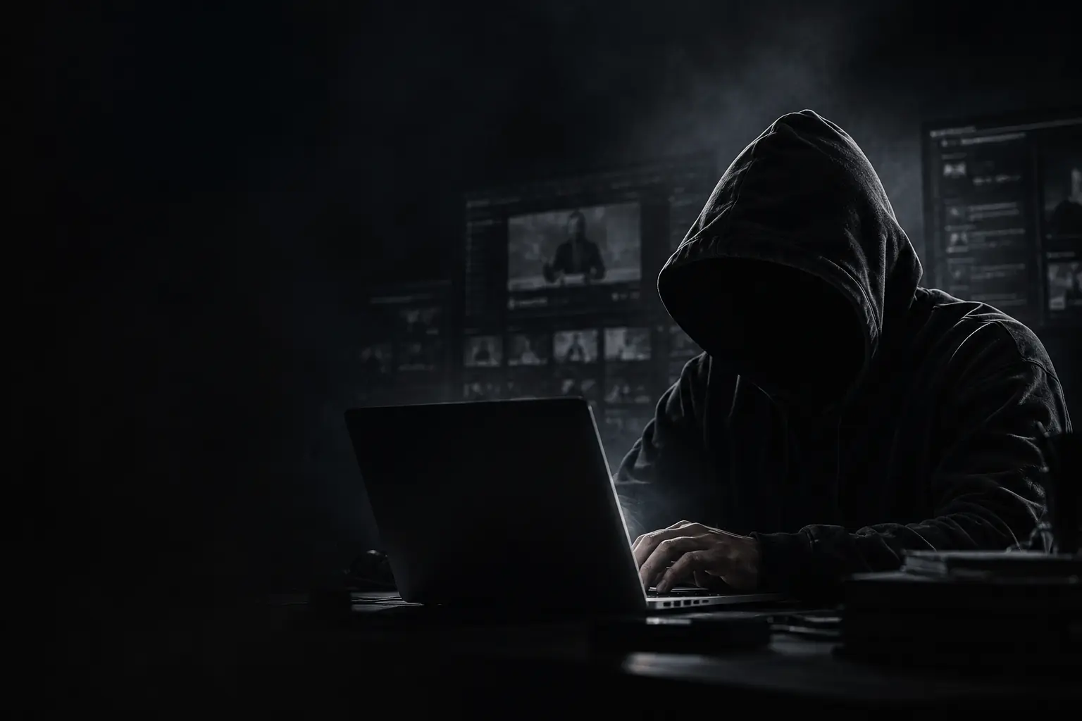 Pessoa encapuzada diante de um computador com páginas de curso abertas, imagem sobre combate à pirataria de infoprodutos